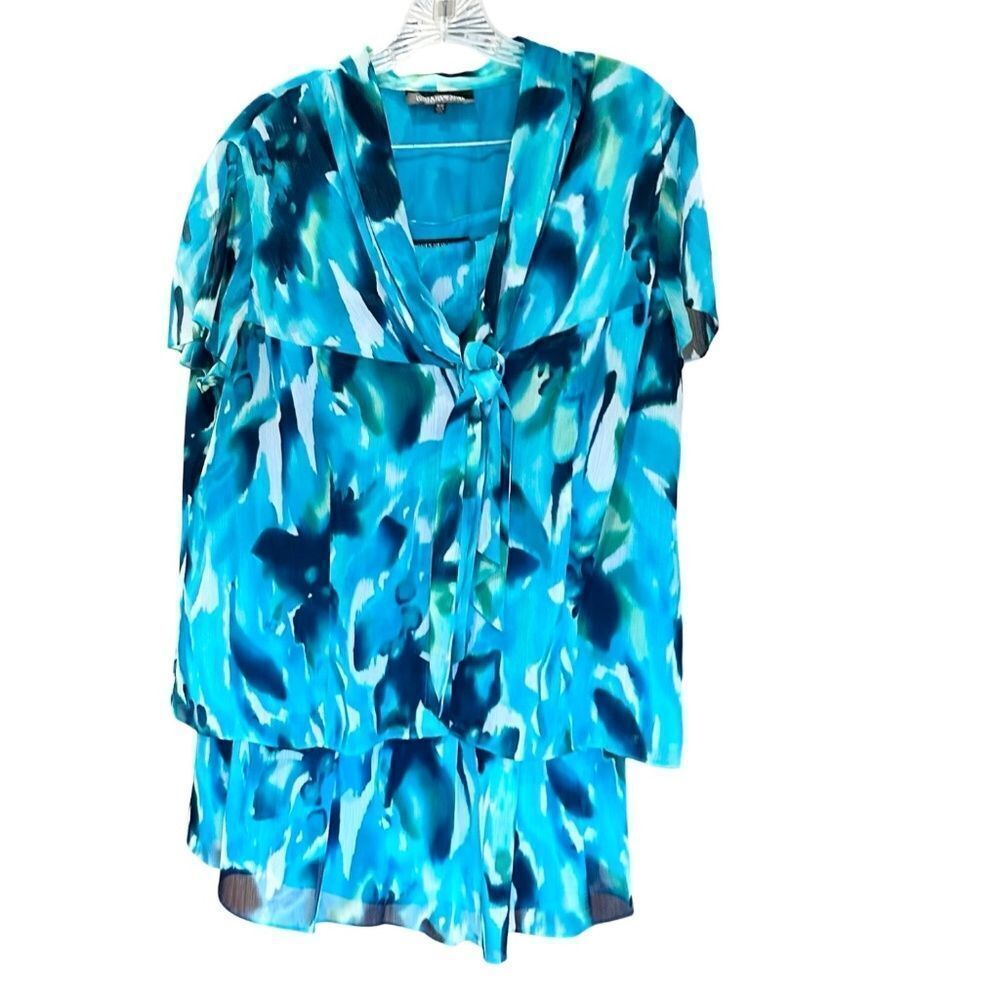 Jones New York Woman's Chiffon Blouse Lined Watercolors Blue/Green 16W